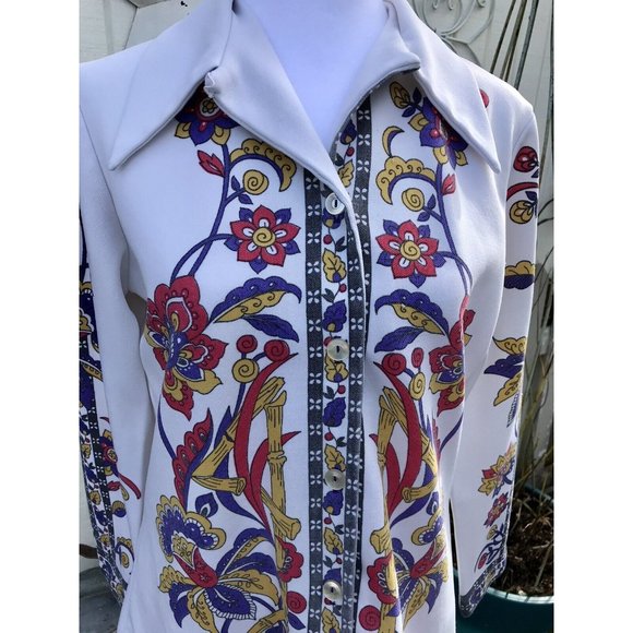 Vtg 60s Rare Smartique Polyester Mod Floral Geo Blouse Shirt 36 M Boho Disco HTF - Picture 3 of 16